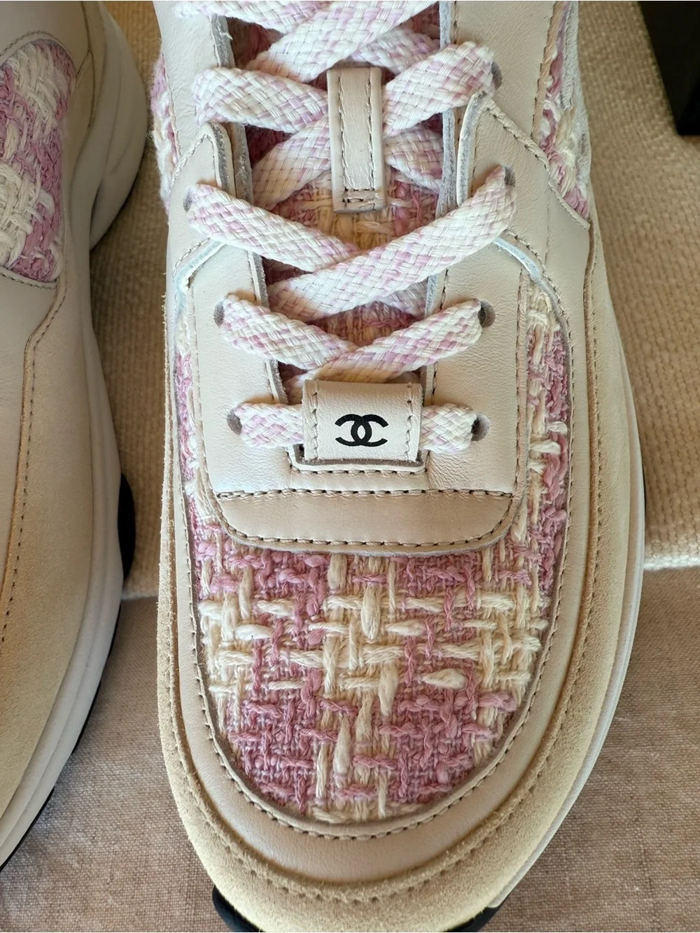 CHANEL Beige Suede & Pink Tweed Women's Sneakers